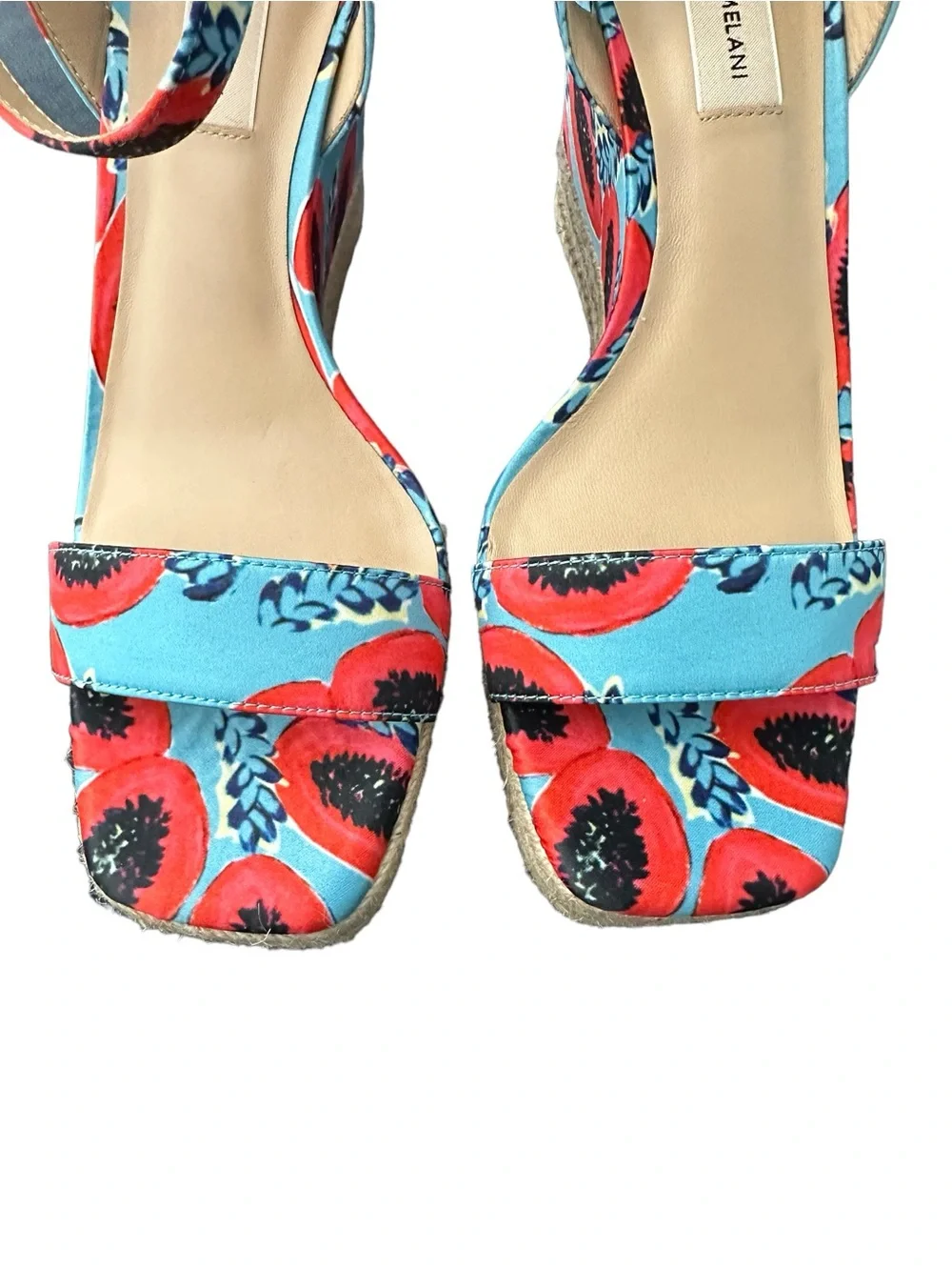 ANTONIO MELANI Turquoise & Red Floral Ankle-Strap Wedges